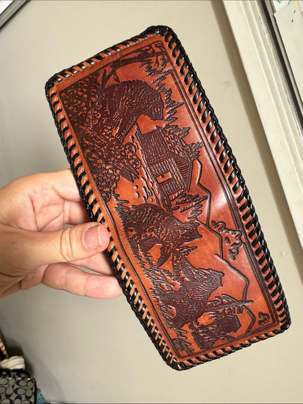 Hand-Tooled Brown Leather Men's Wallet with Western Carved Design
